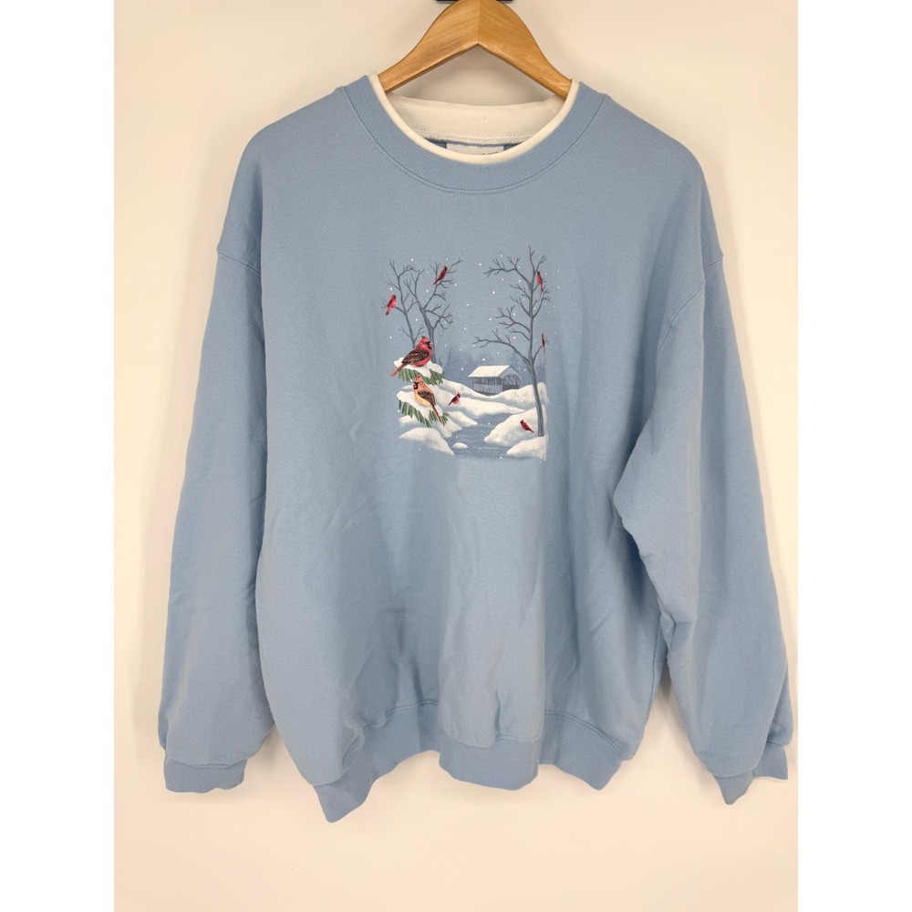 Country Store Size 2X Blue Winter Cardinal Scene Cozy Sweatshirt Vintage Style